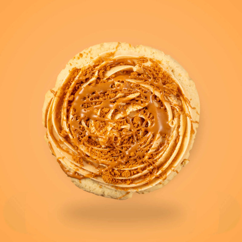 A biscoff sugar cookie on an orange background
