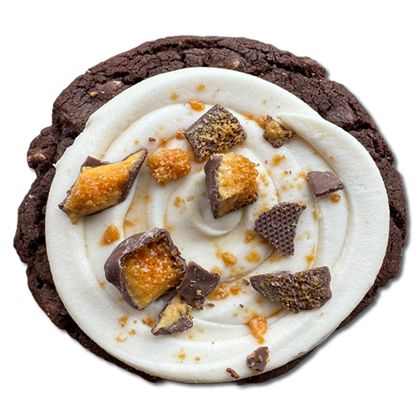 A triple chocolate crunchie cookie with honeycomb buttercream